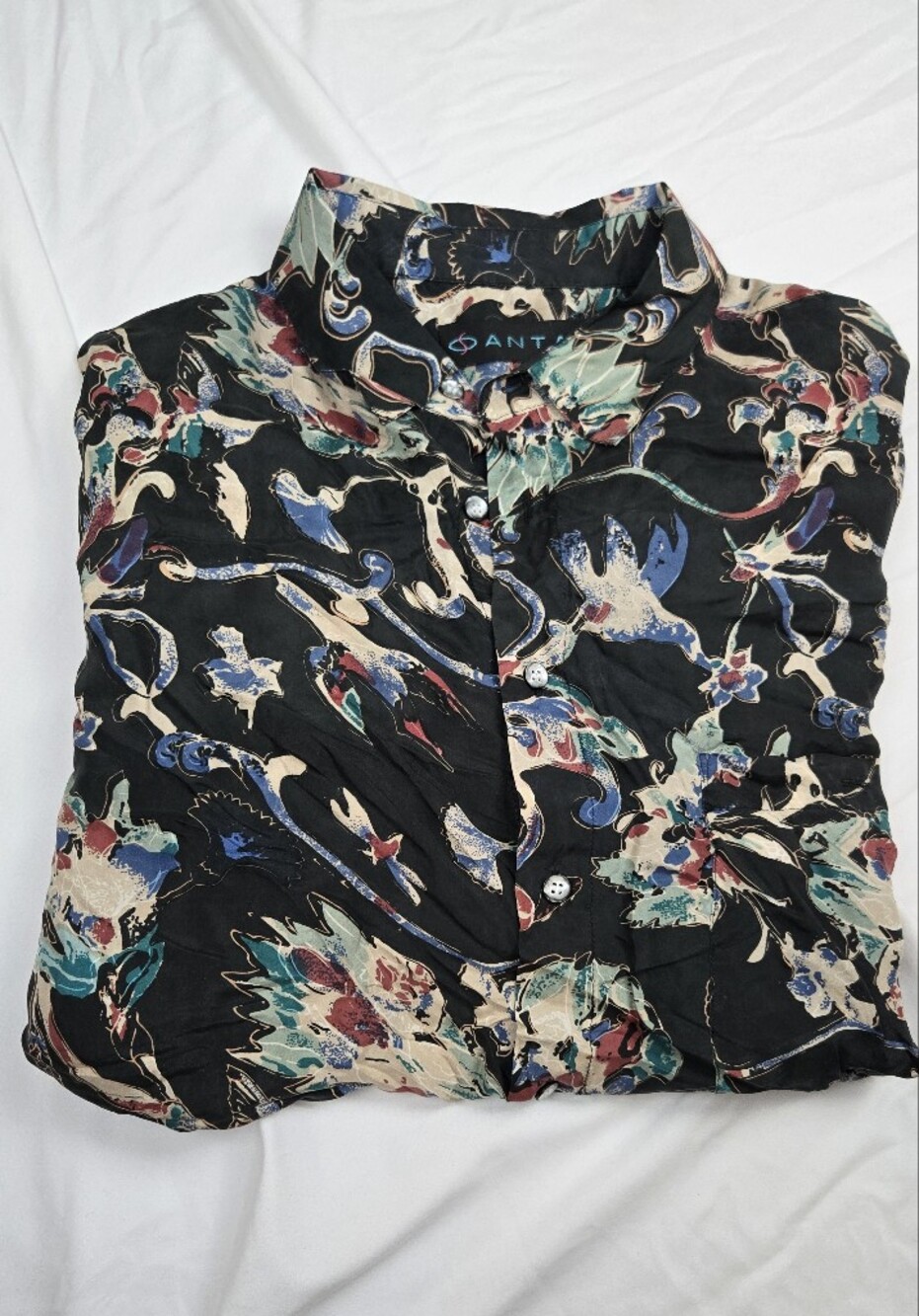 Vintage Santana 100% Silk Men's XL Abstract Floral Button Up Shirt Black Short